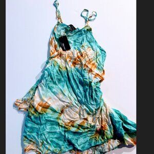 NWT SBETRO Tie-Dye Satin Slip Dress • Spaghetti Straps • Aqua / Green / Mustard